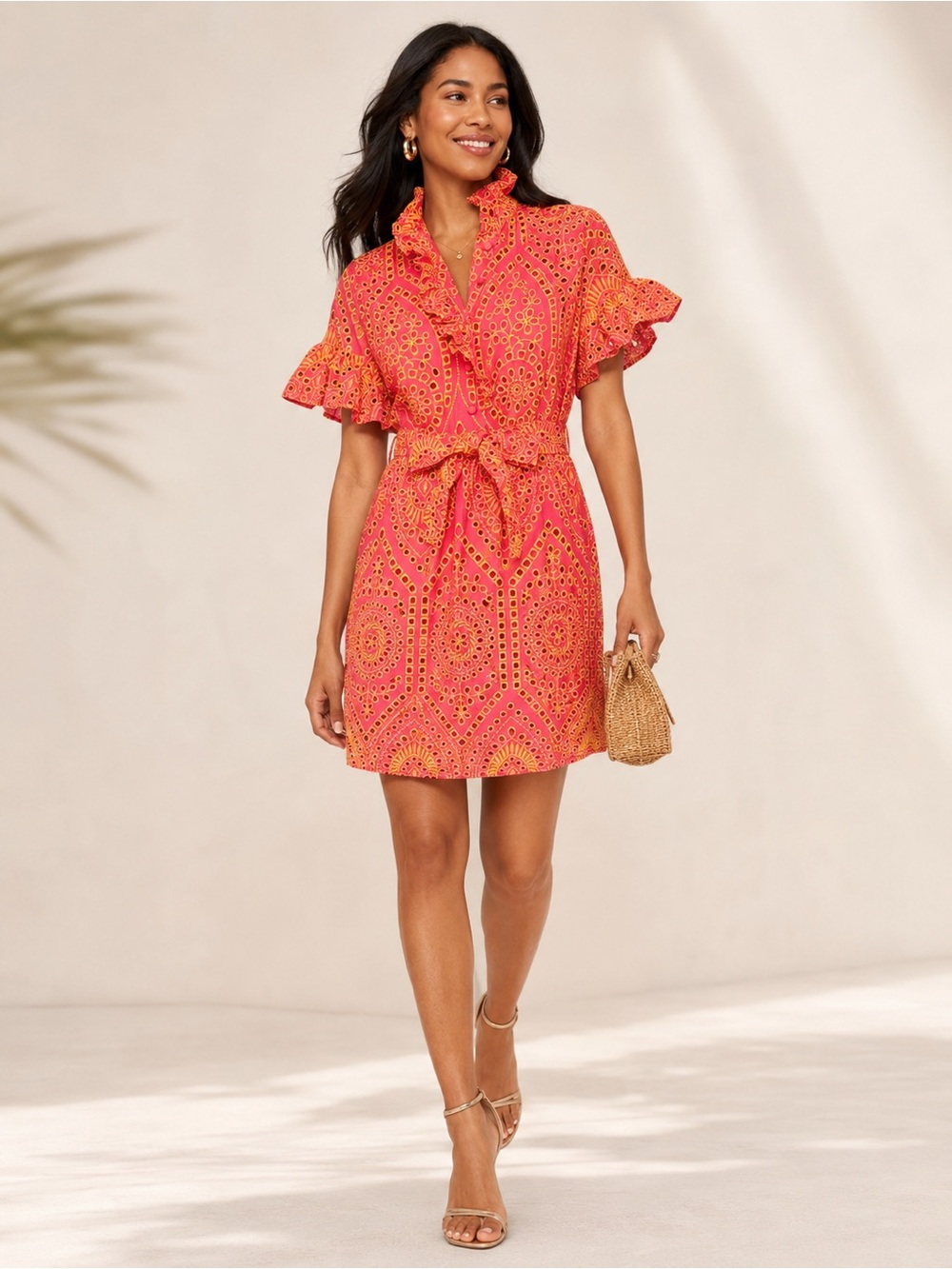 Abbeyglass Eyelet Dress Women's Pink Yellow Belted Size L NWT